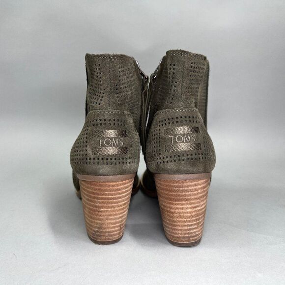 Toms Ankle Boots Women's Size 5.5 Forest Green Perforated Suede Heeled Booties - Picture 5 of 11